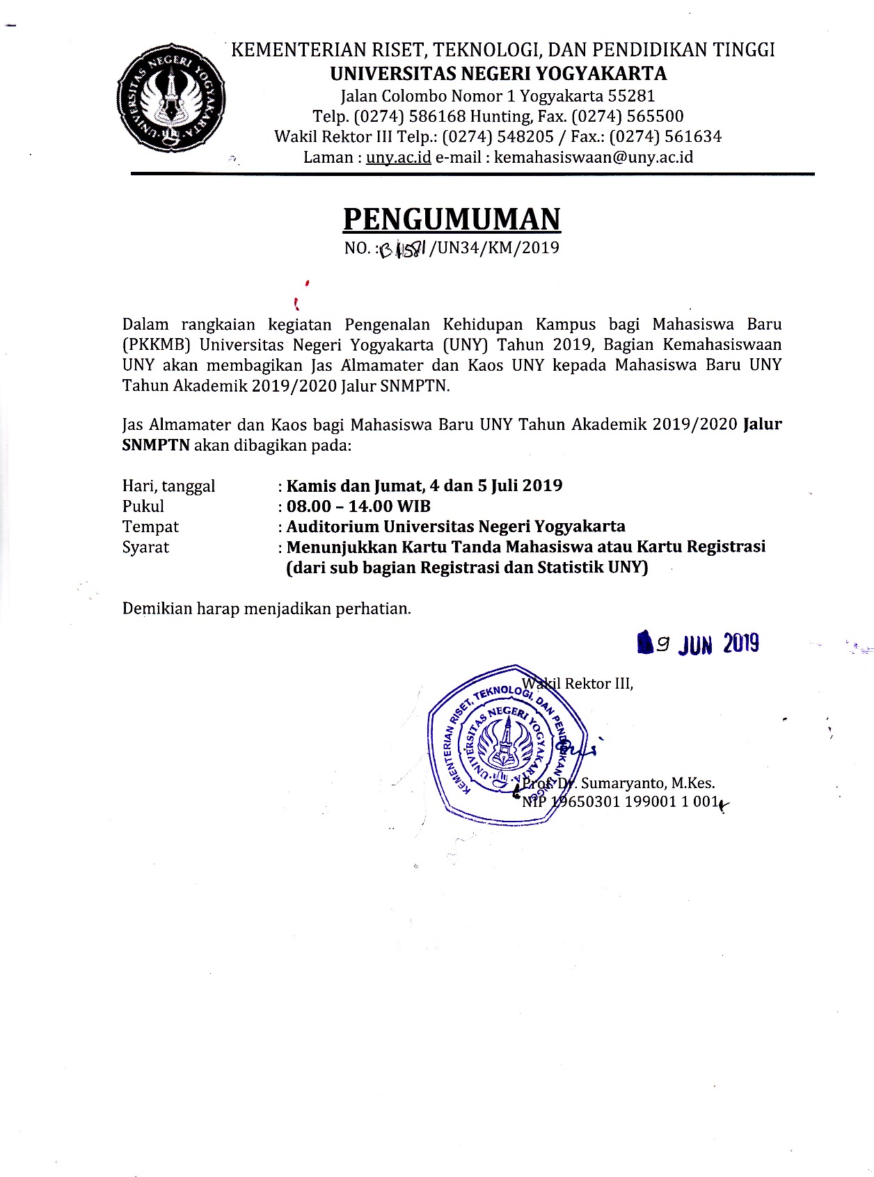 PENGUMUMAN PENGAMBILAN JAS DAN KAOS MAHASISWA SNMPTN