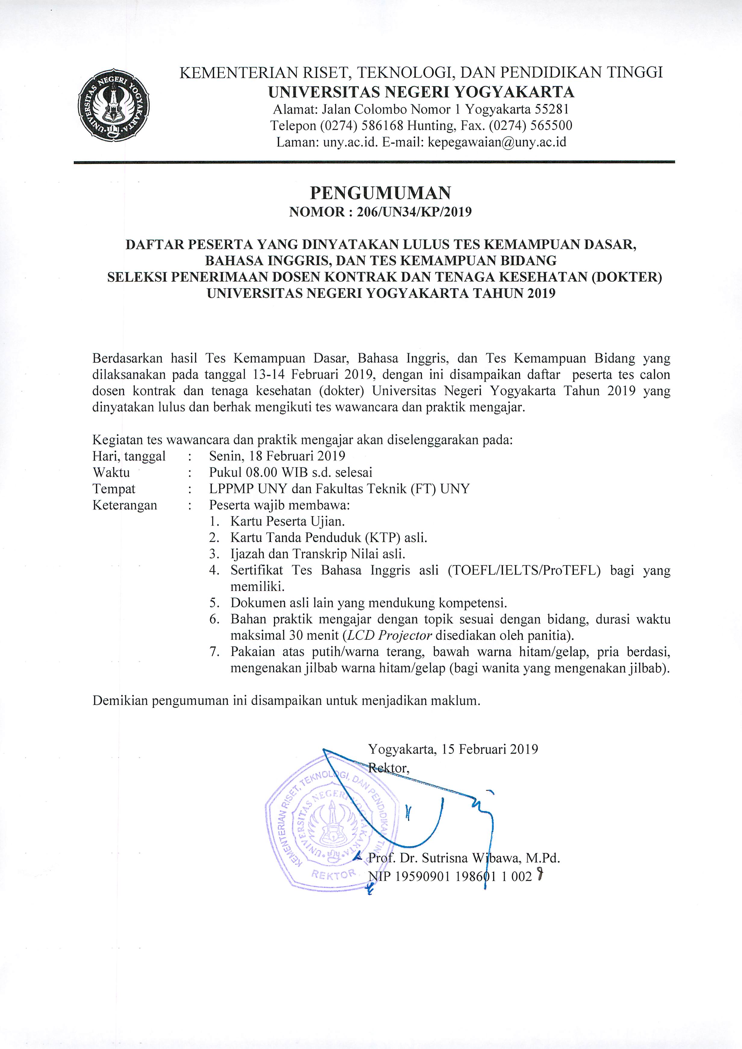 Pengumuman Tes Wawancara Seleksi Penerimaan Dosen Kontrak dan Tenaga Kesehatan (Dokter)