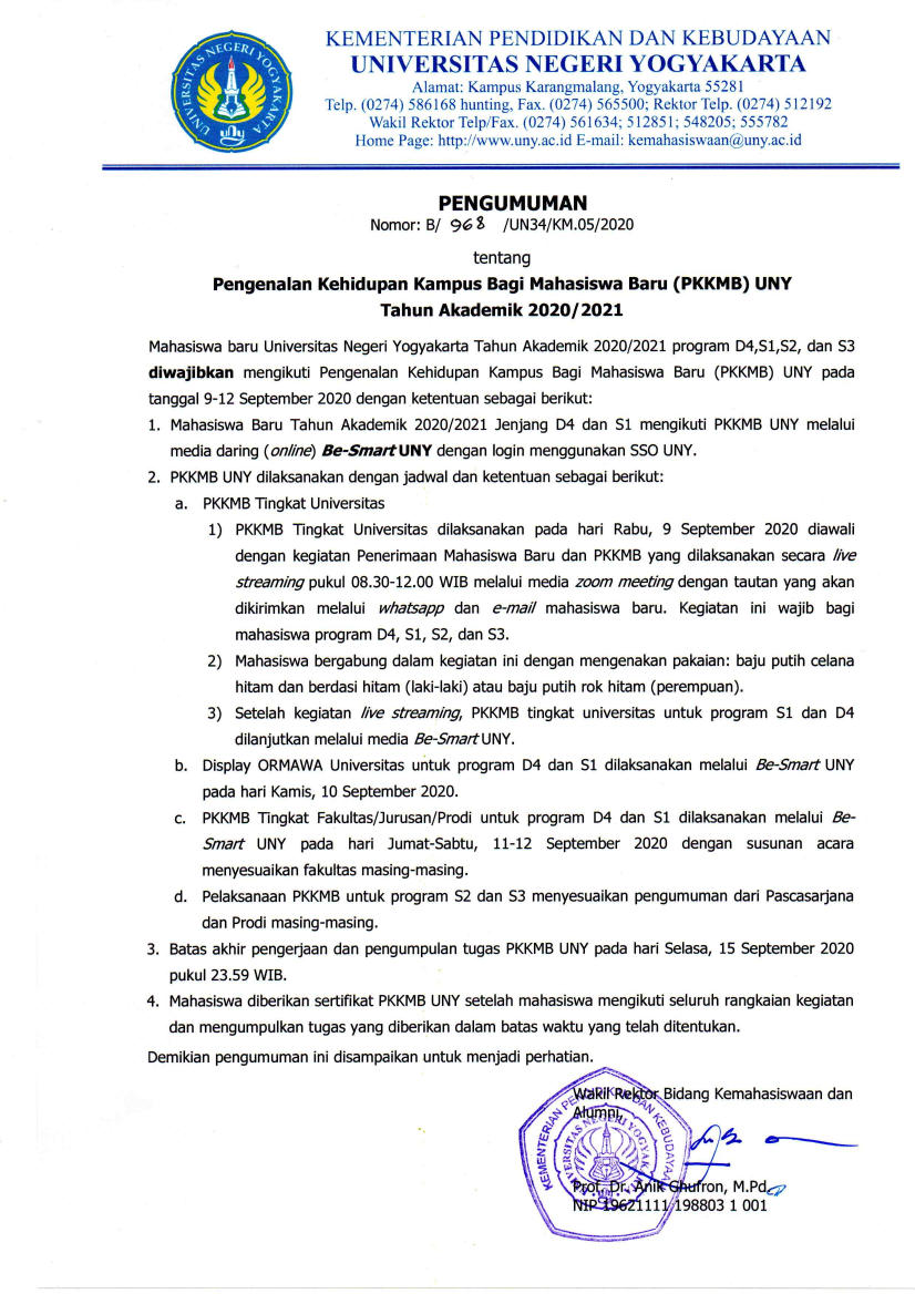 PENGENALAN KEHIDUPAN KAMPUS BAGI MAHASISWA BARU (PKKMB) UNY TAHUN AKADEMIK 2020/2021