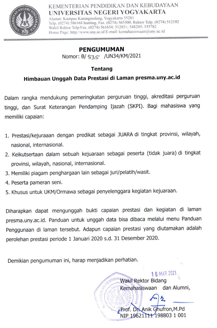 HIMBAUAN UNGGAH DATA PRESTASI DI LAMAN PRESMA.UNY.AC.ID